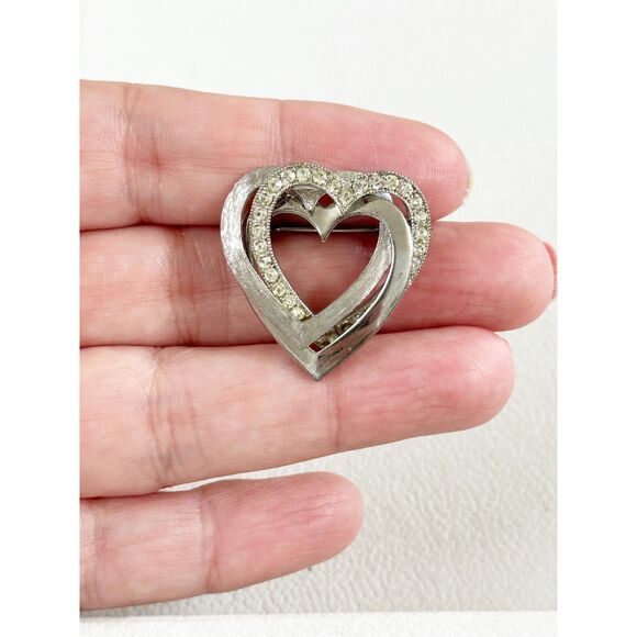 Triple Heart Intertwined Brooch Silver Tone Rhinestone Lapel Pin - Picture 2 of 4